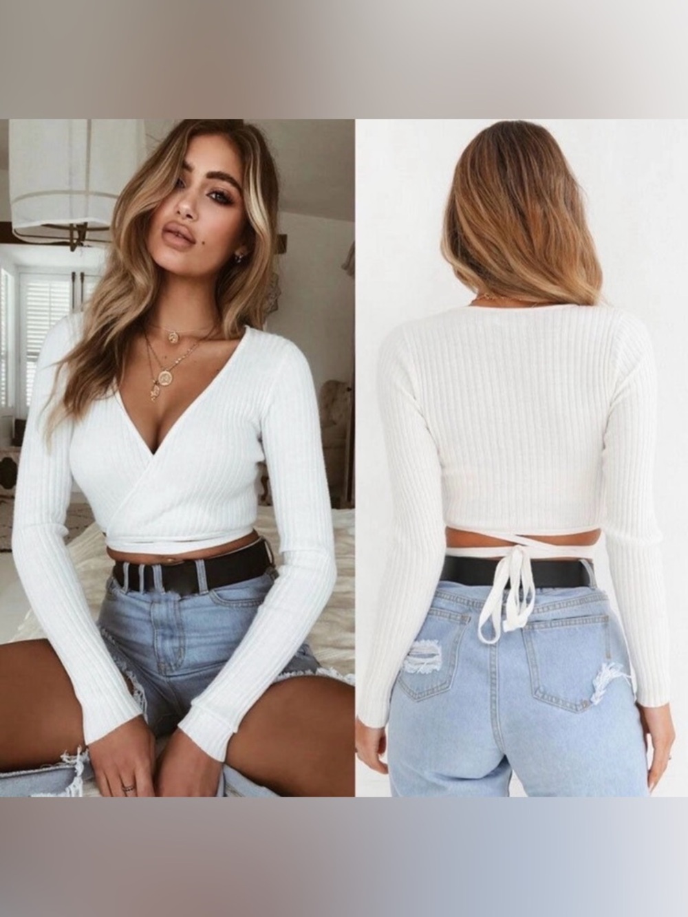Ribbed Black Long-Sleeve Wrap Crop Top - Women's - Picture 4 of 7